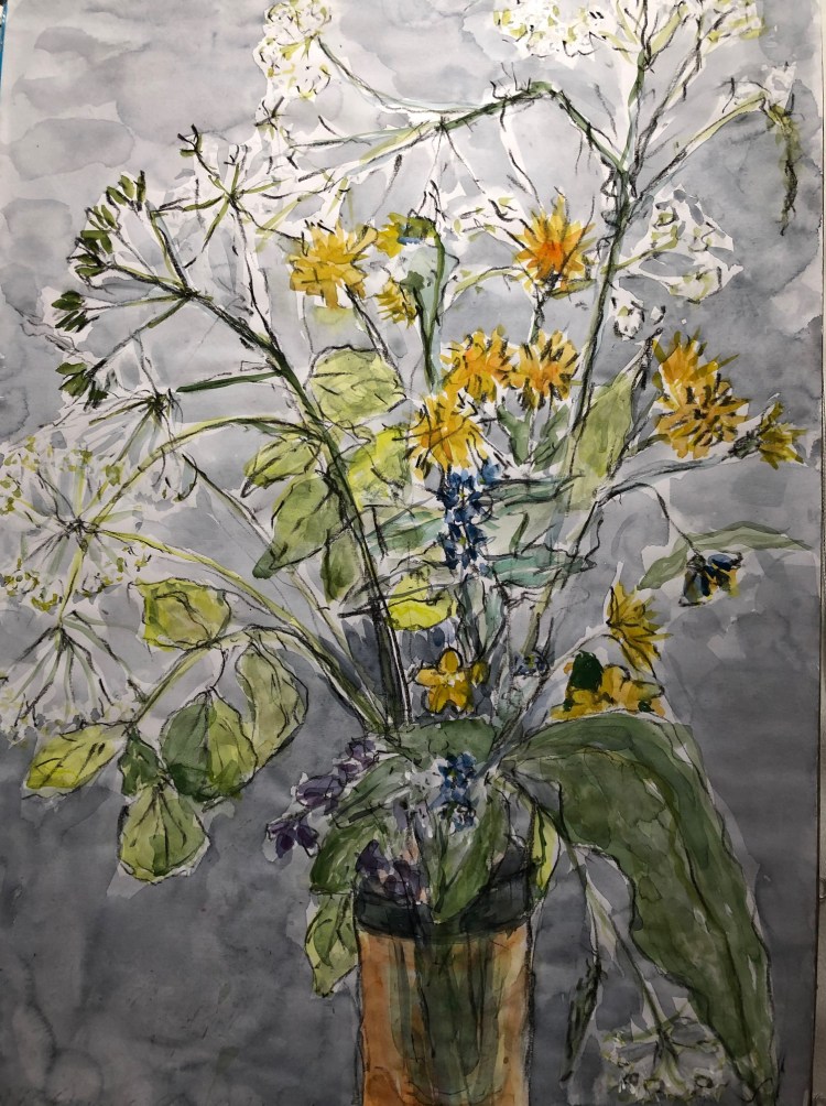 Spring Flowers, Charcoal and watercolour