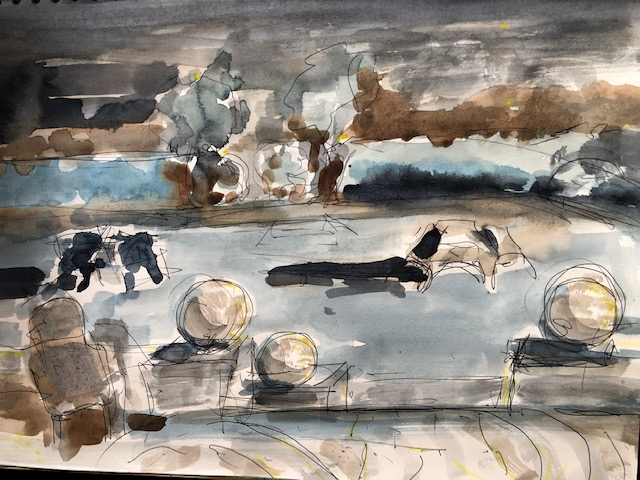 Sea Marge Terrace at night, A3, Biro and watercolour