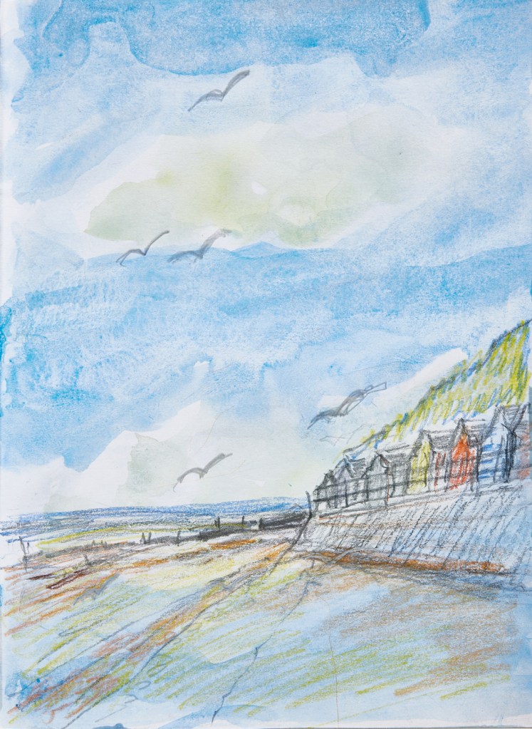 Cromer beach, watercolour b Diana Lamb artist 